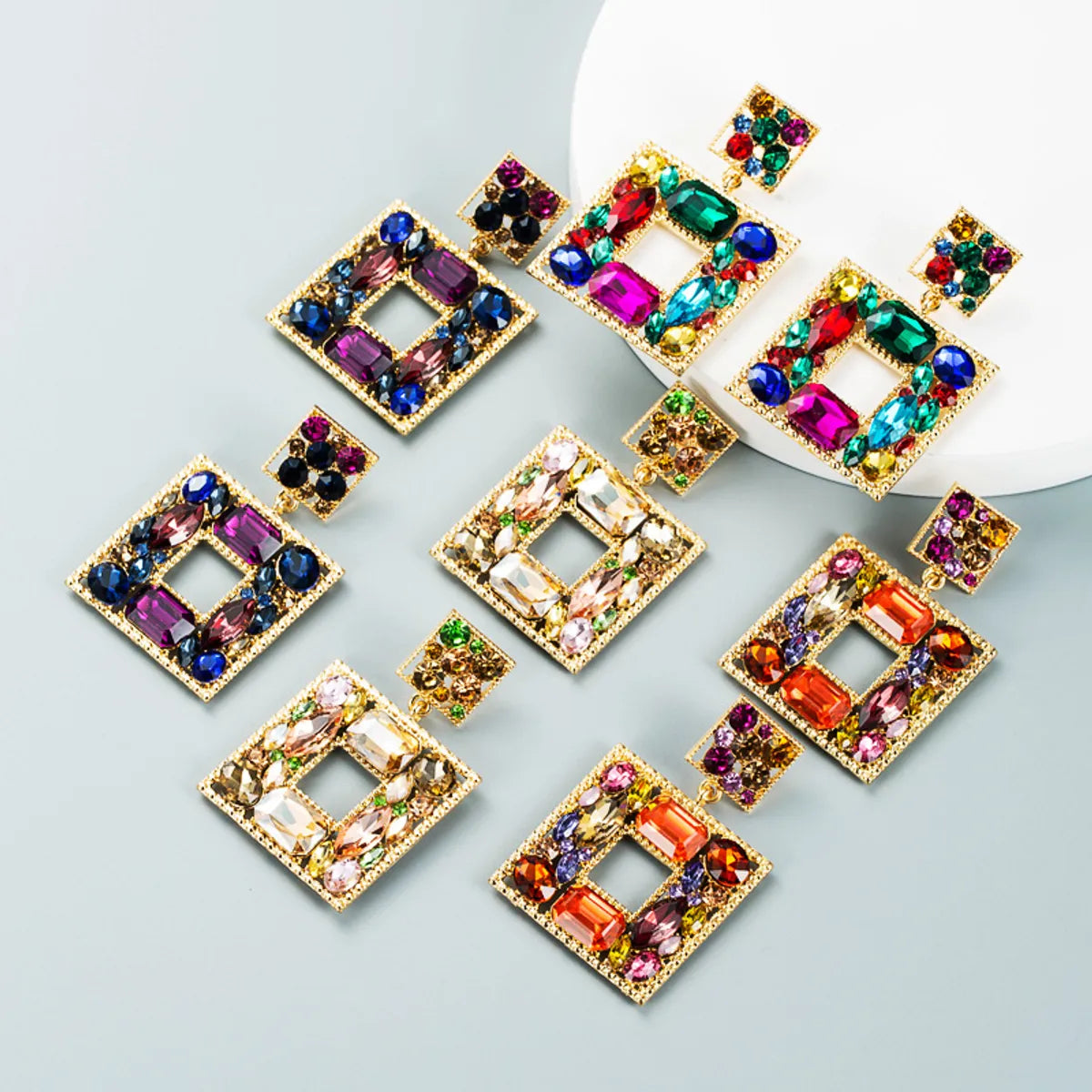 Hyperbole Geometric Shape Inlaid Glass Drill Hollowed Alloy Drop Earrings