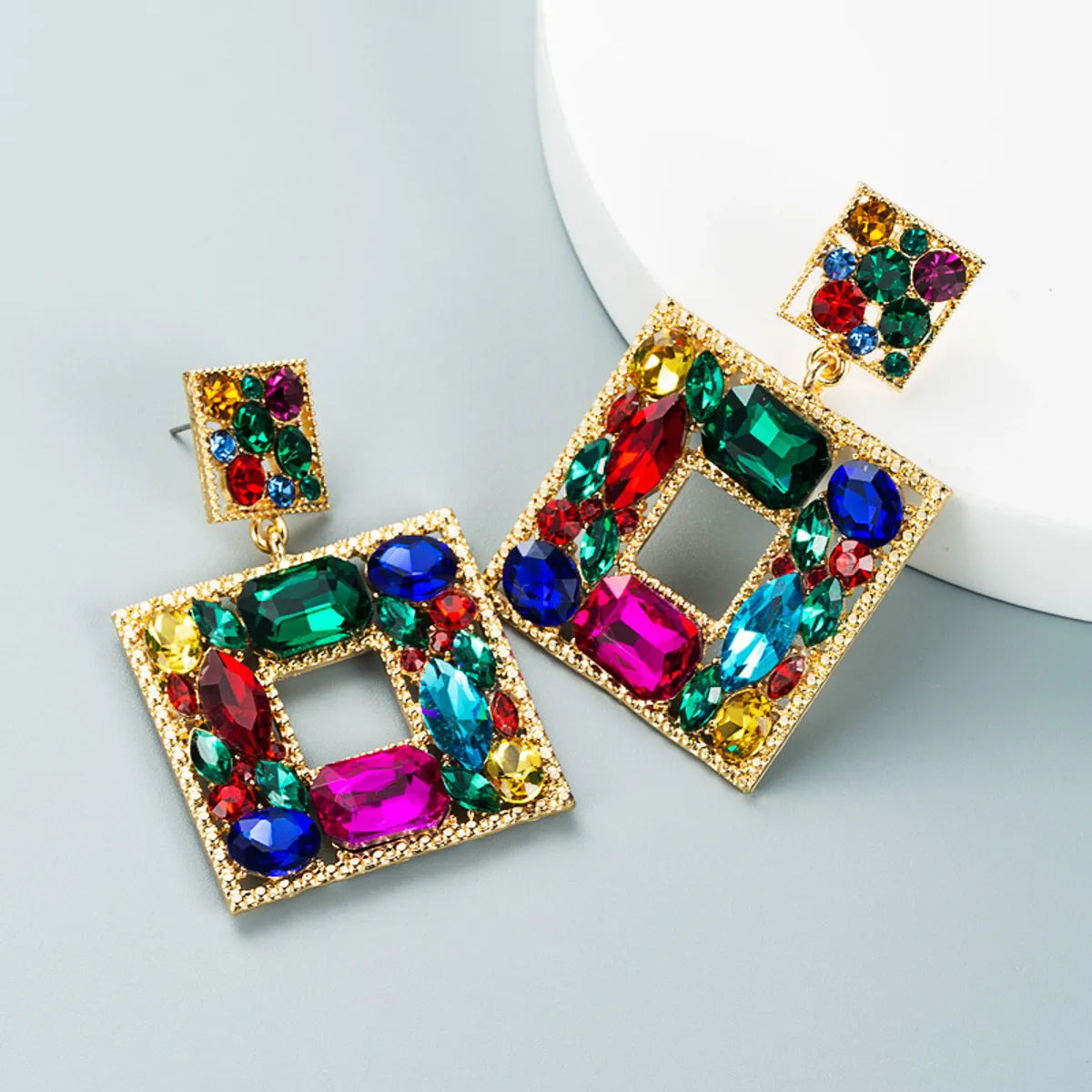 Hyperbole Geometric Shape Inlaid Glass Drill Hollowed Alloy Drop Earrings