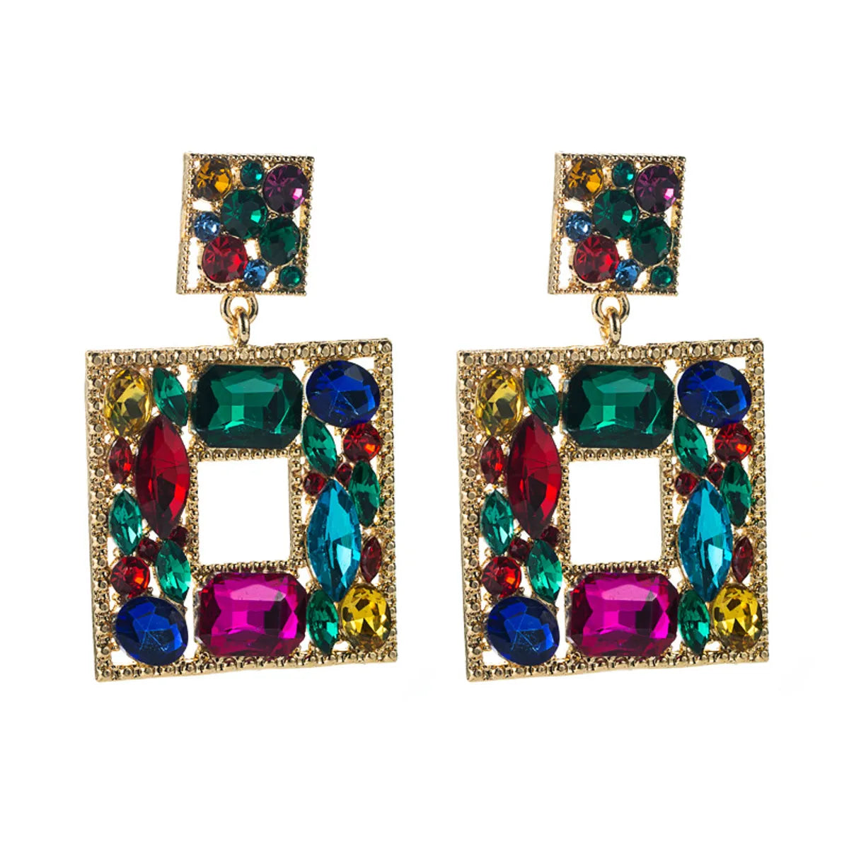 Hyperbole Geometric Shape Inlaid Glass Drill Hollowed Alloy Drop Earrings