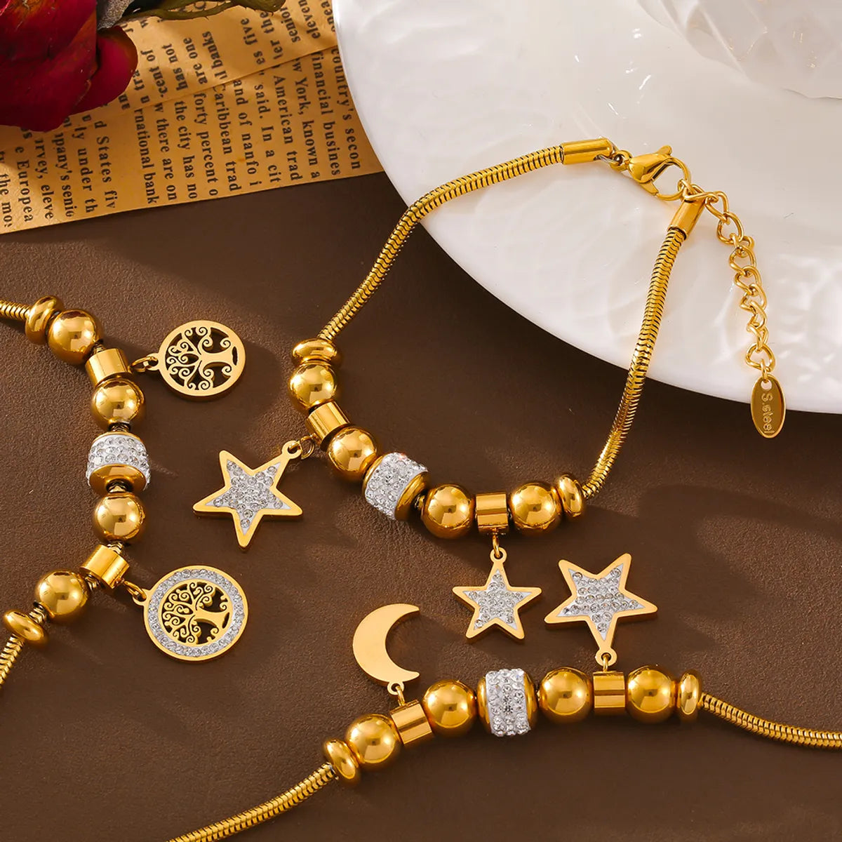 IG Style Artistic Star Moon Life Tree 304 Stainless Steel 18K Gold Plated Rhinestones Bracelets In Bulk