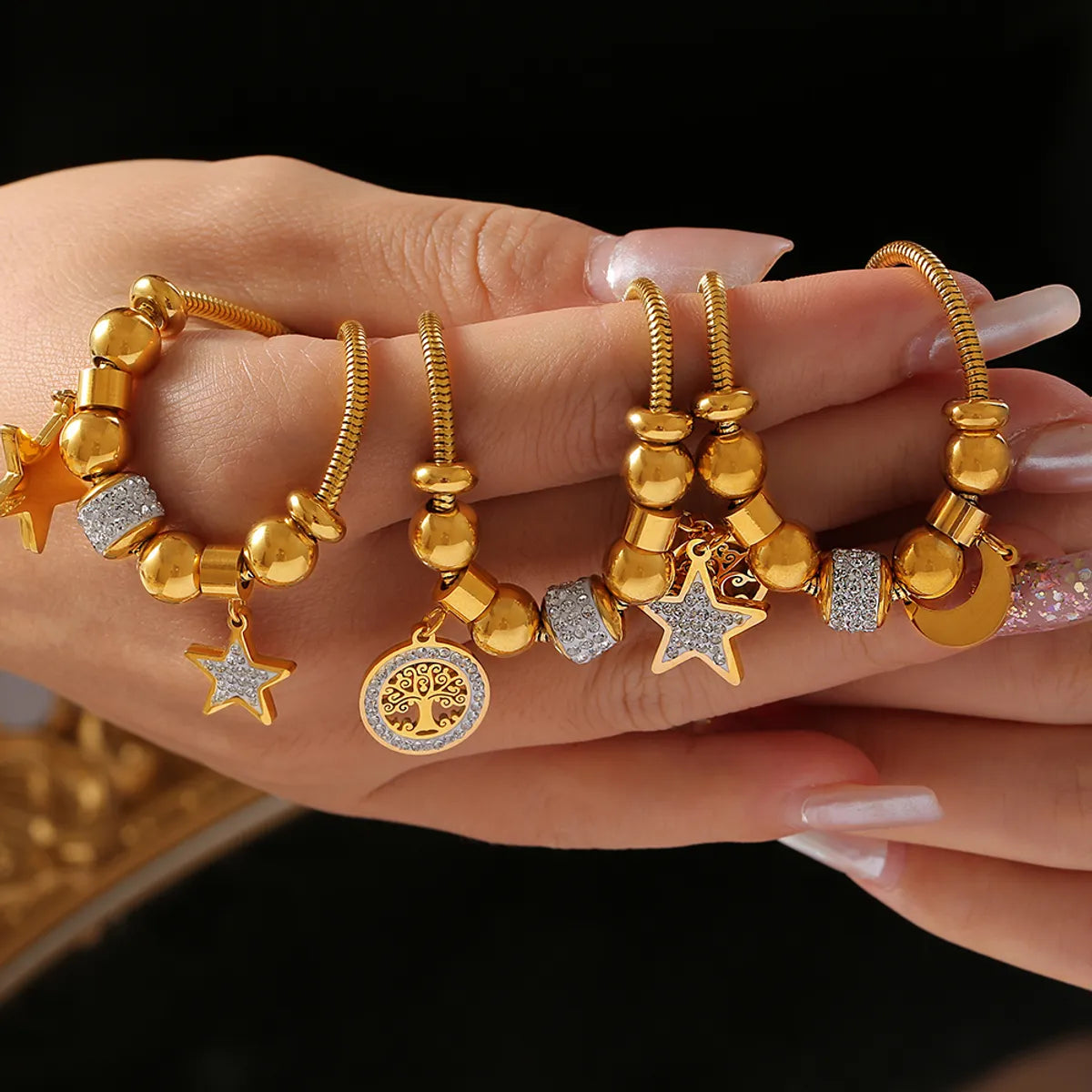 IG Style Artistic Star Moon Life Tree 304 Stainless Steel 18K Gold Plated Rhinestones Bracelets In Bulk