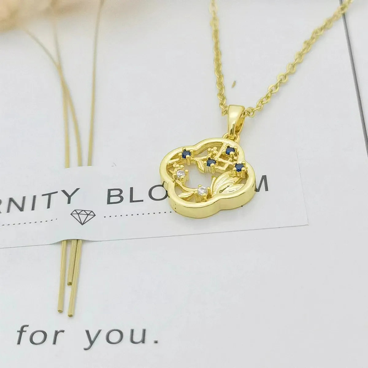 Ig Style Bamboo Flower Fish Tail Titanium Steel 18k Gold Plated Pearl Zircon Pendant Necklace In Bulk