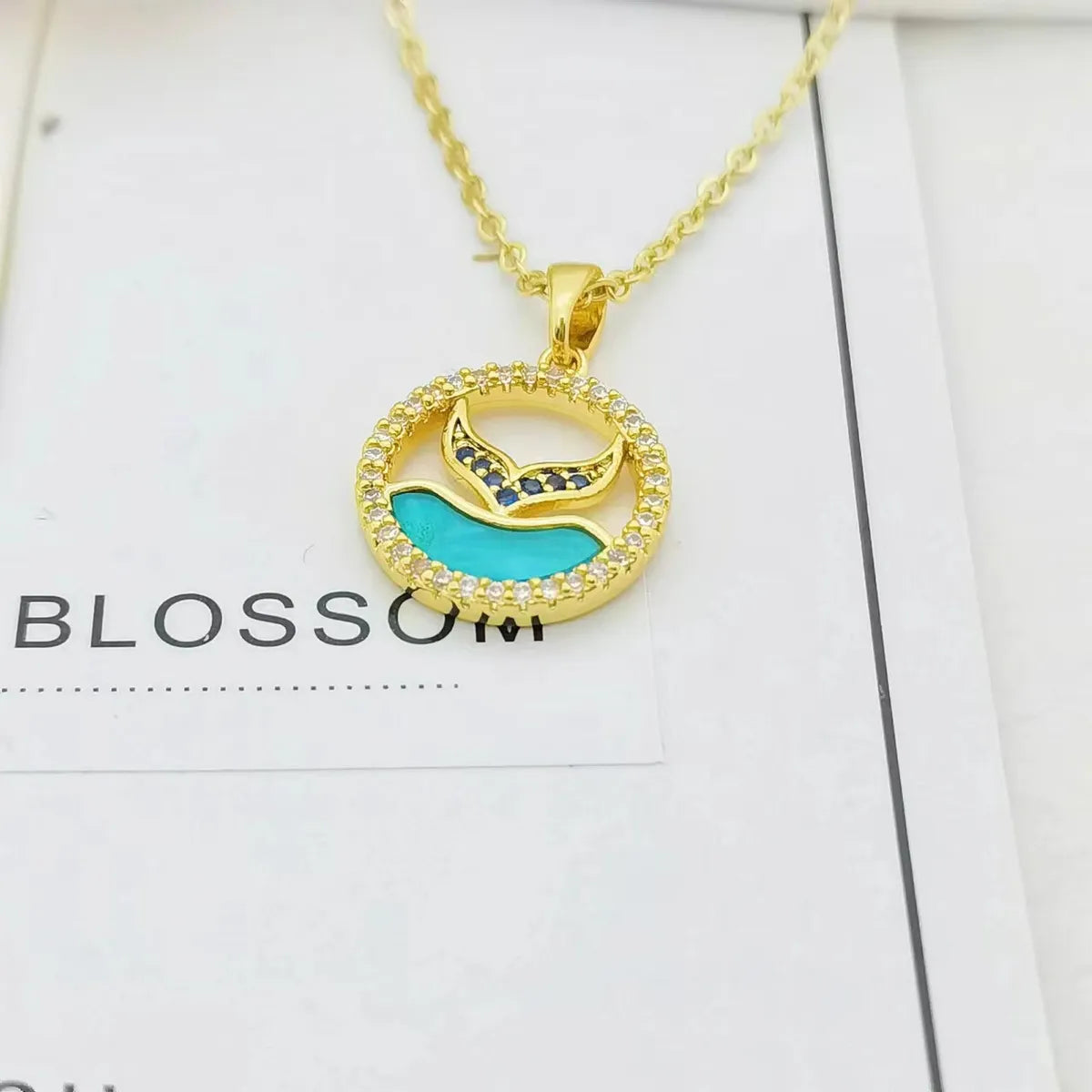 Ig Style Bamboo Flower Fish Tail Titanium Steel 18k Gold Plated Pearl Zircon Pendant Necklace In Bulk