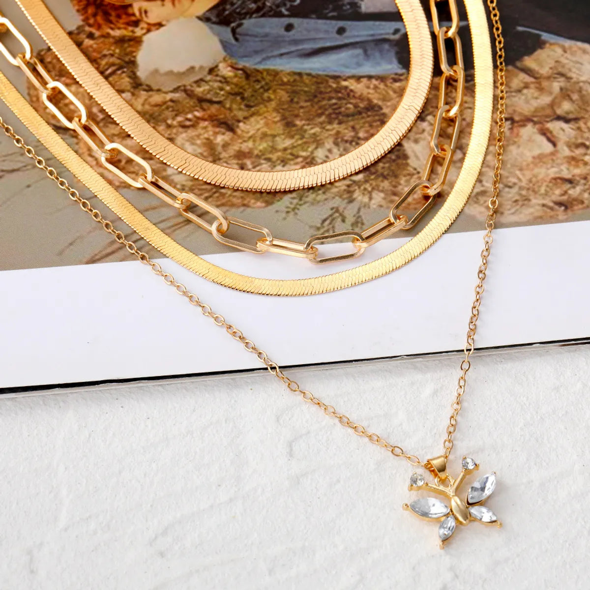 Ig Style Butterfly Alloy Plating Inlay Rhinestones Women's Layered Necklaces