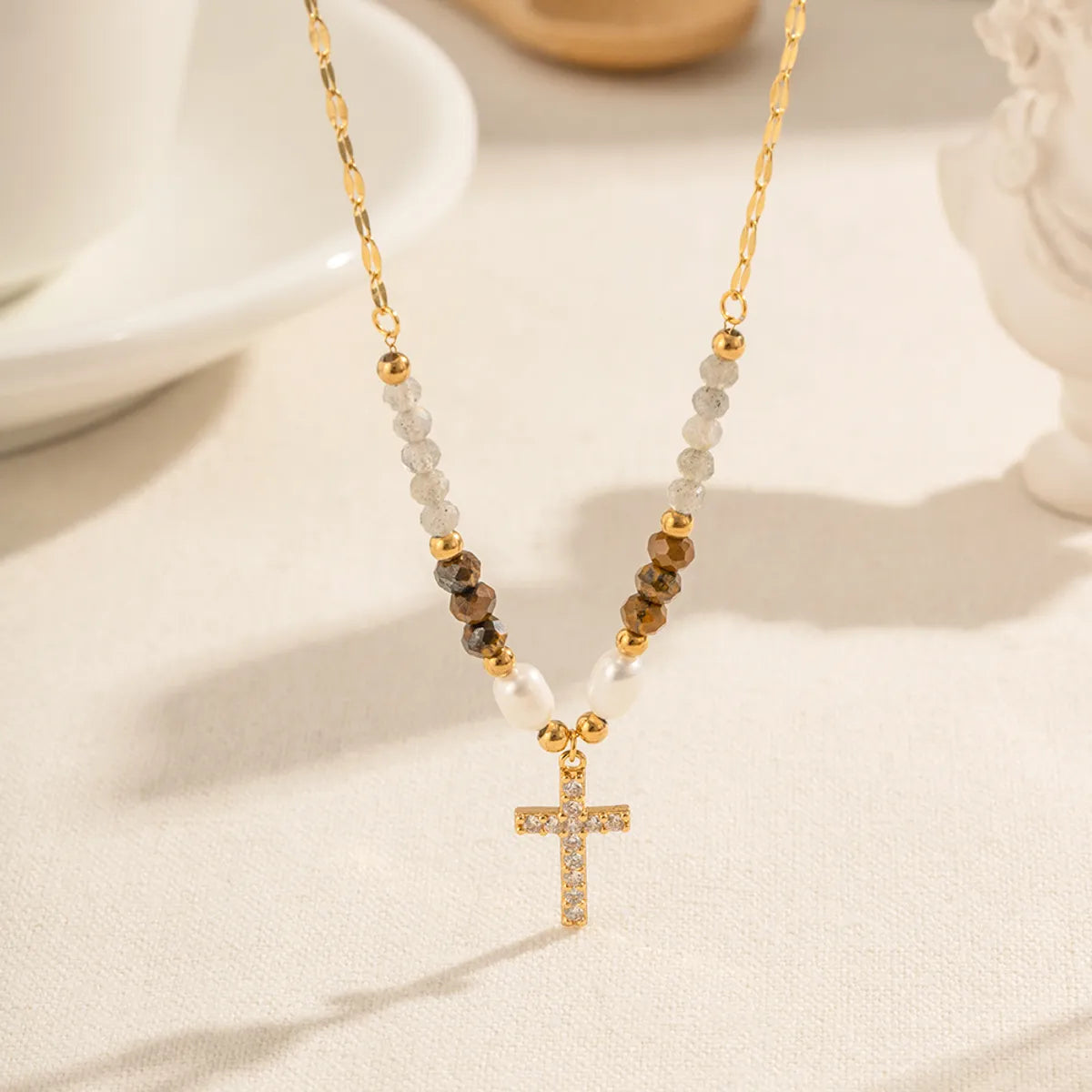 Ig Style Casual Cross Stainless Steel Beaded Plating Inlay Zircon 18k Gold Plated Pendant Necklace