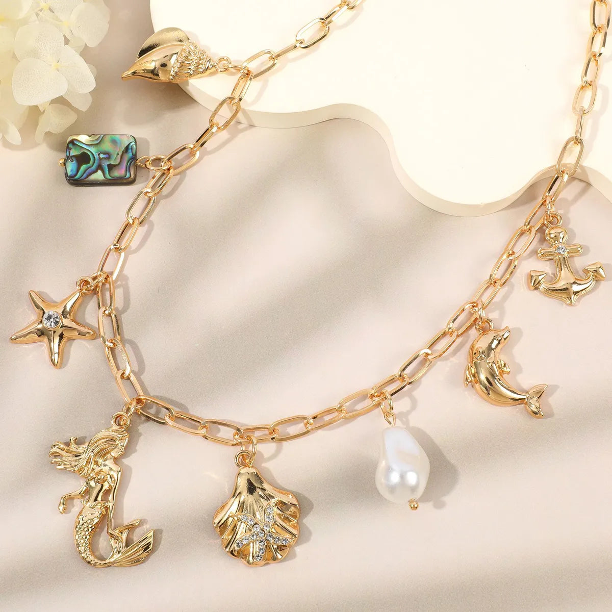 IG Style Casual Dolphin Mermaid Shell Rhinestones Alloy Wholesale Pendant Necklace