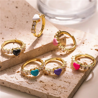 Ig Style Casual Heart Shape Copper Enamel Inlay Zircon 18k Gold Plated Open Rings