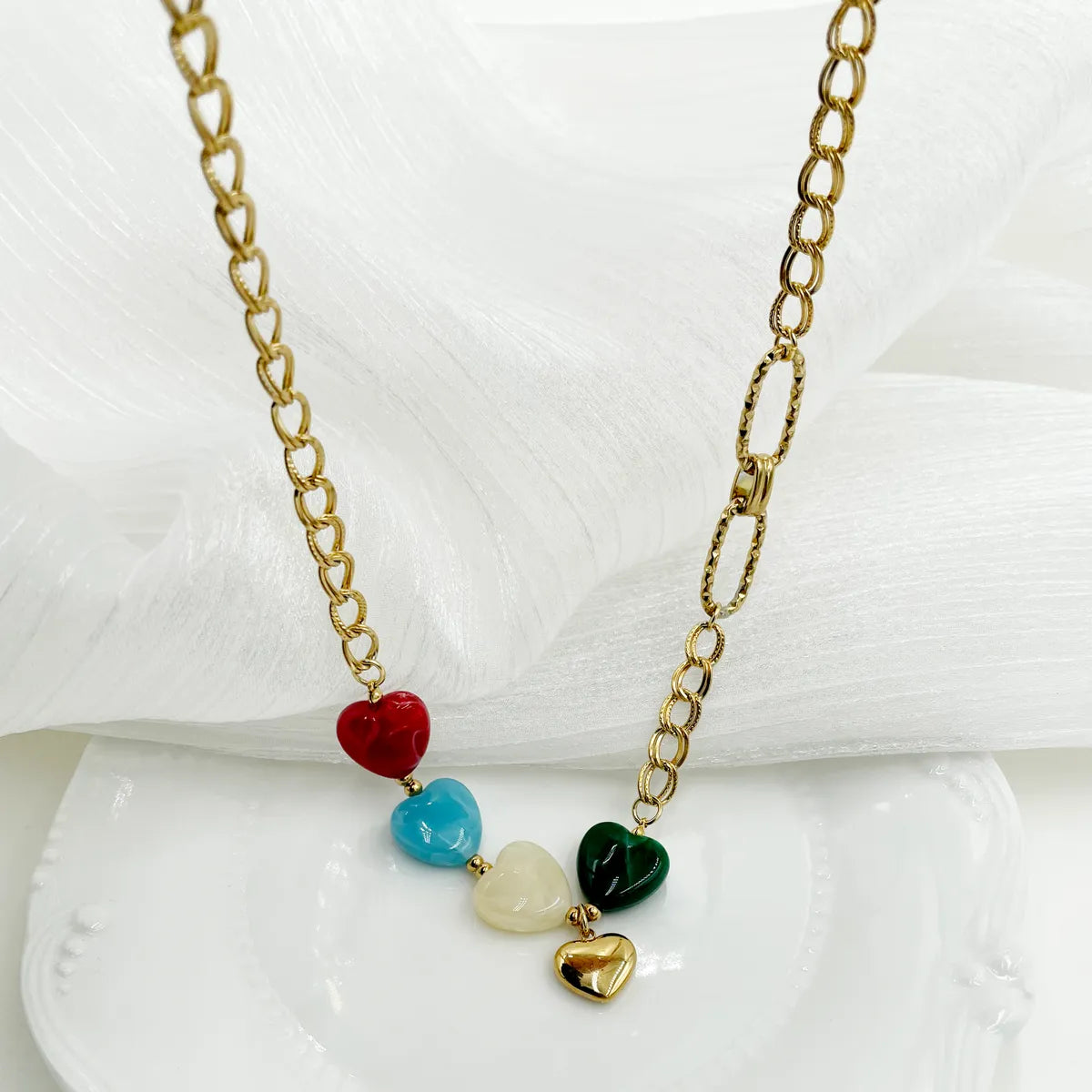 Ig Style Casual Heart Shape Stainless Steel Natural Stone Polishing Plating Gold Plated Pendant Necklace Long Necklace