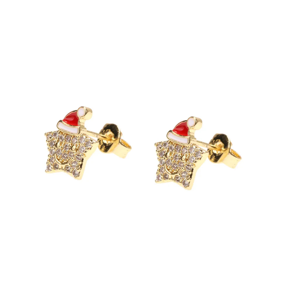 Ig Style Christmas Hat Star Smile Face Copper 18k Gold Plated Zircon Rings Earrings Necklace In Bulk