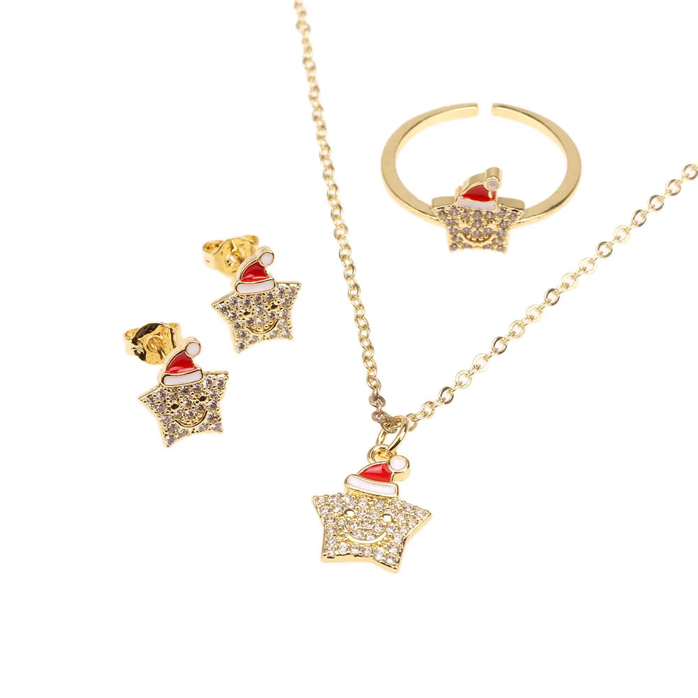 Ig Style Christmas Hat Star Smile Face Copper 18k Gold Plated Zircon Rings Earrings Necklace In Bulk