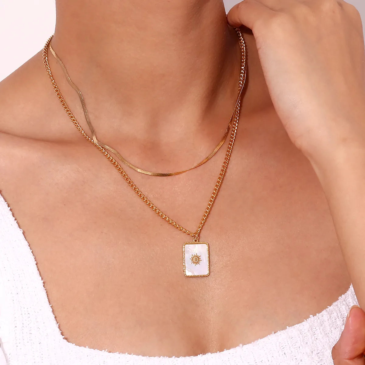 Ig Style Classic Style Sun Square Stainless Steel Plating Inlay Shell 18k Gold Plated Double Layer Necklaces