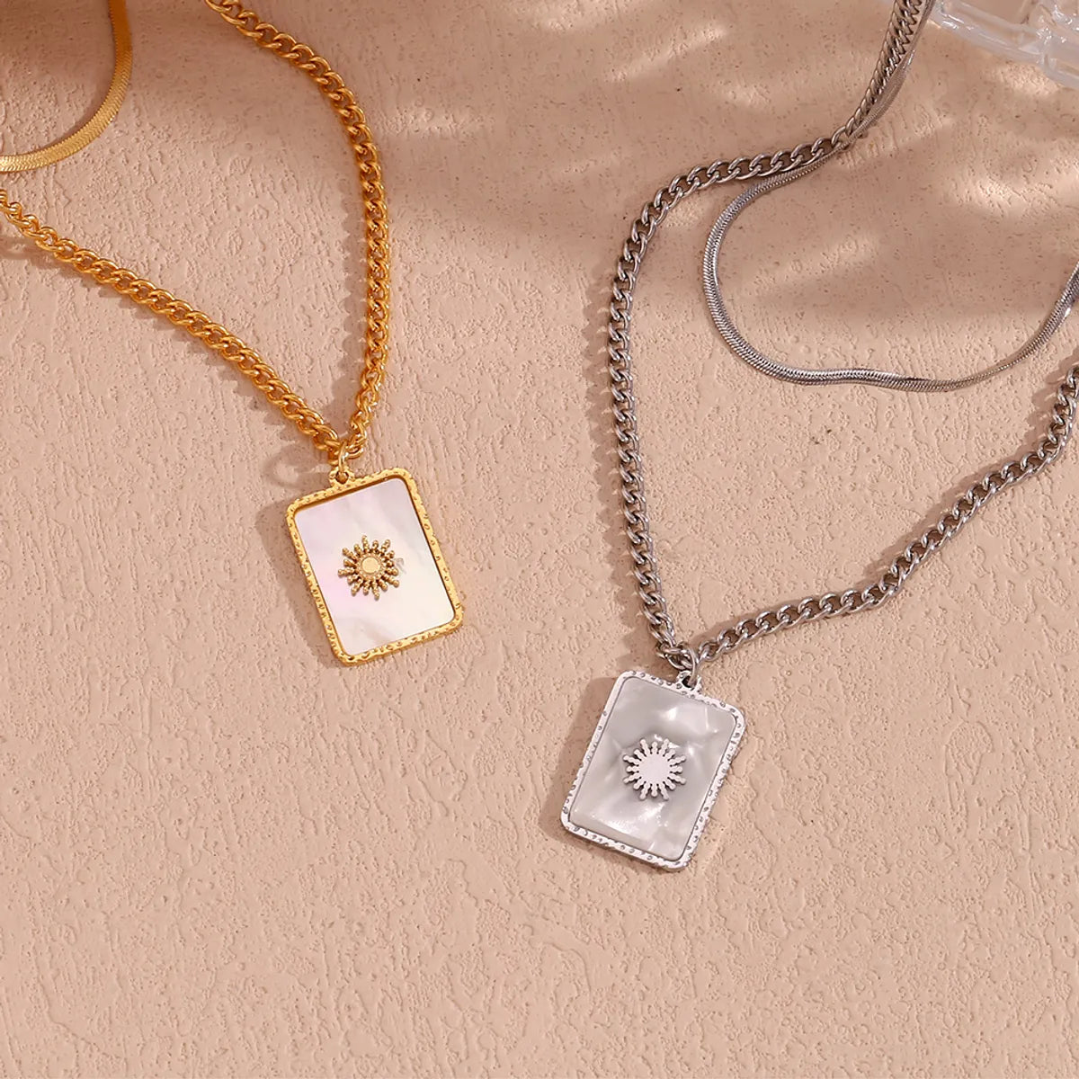 Ig Style Classic Style Sun Square Stainless Steel Plating Inlay Shell 18k Gold Plated Double Layer Necklaces