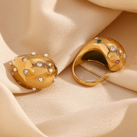 Ig Style Classic Style Water Droplets Stainless Steel Plating Inlay Artificial Pearls Rhinestones 18k Gold Plated Open Rings