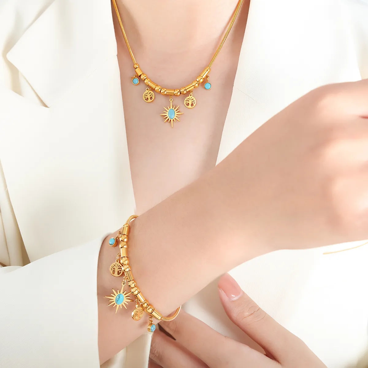 Wholesale Jewelry IG Style Commute Sun Tree Titanium Steel Turquoise 18K Gold Plated Plating Inlay Bracelets Necklace