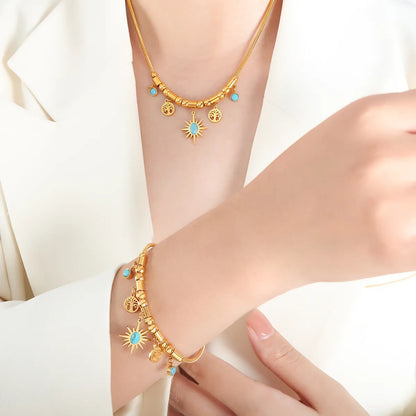 Wholesale Jewelry IG Style Commute Sun Tree Titanium Steel Turquoise 18K Gold Plated Plating Inlay Bracelets Necklace