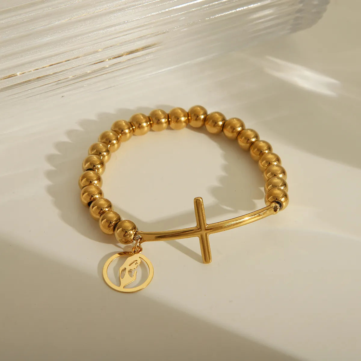 IG Style Cross Religious Series Pattern Solid Color 18K Gold Plated 201 Stainless Steel Elastic String Wholesale Bracelets