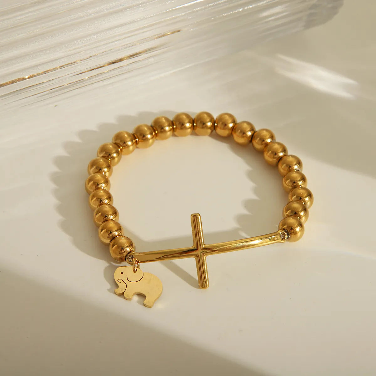 IG Style Cross Religious Series Pattern Solid Color 18K Gold Plated 201 Stainless Steel Elastic String Wholesale Bracelets