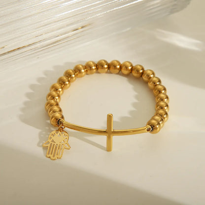 IG Style Cross Religious Series Pattern Solid Color 18K Gold Plated 201 Stainless Steel Elastic String Wholesale Bracelets