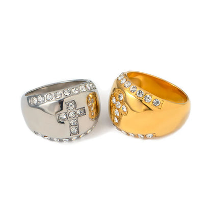 Ig Style Cross Stainless Steel Plating Inlay Zircon 18k Gold Plated Rings