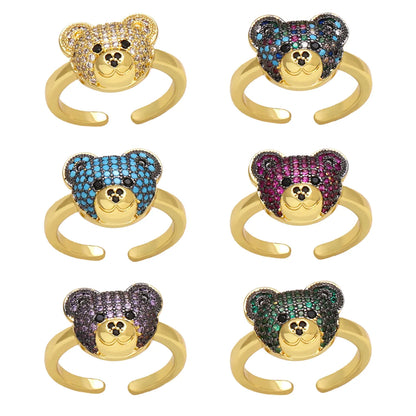 Ig Style Cute Bear Copper Plating Inlay Zircon 18k Gold Plated Open Rings