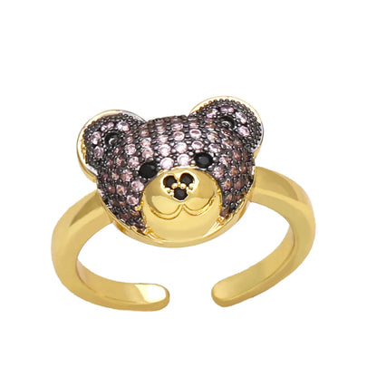 Ig Style Cute Bear Copper Plating Inlay Zircon 18k Gold Plated Open Rings