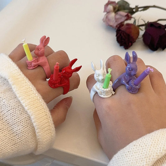 Ig Style Cute Hip-hop Rabbit Animal Alloy Spray Paint Women's Rings