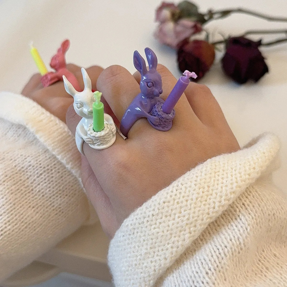 Ig Style Cute Hip-hop Rabbit Animal Alloy Spray Paint Women's Rings