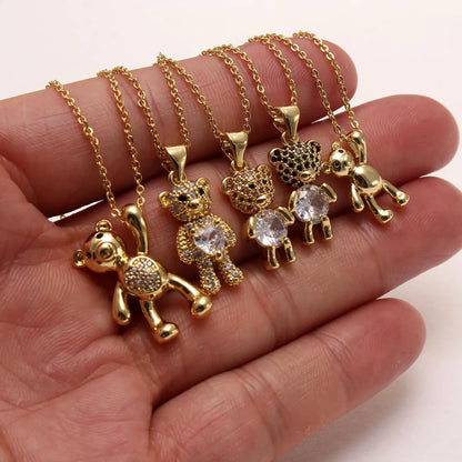 Ig Style Cute Little Bear Copper Gold Plated Zircon Pendant Necklace In Bulk