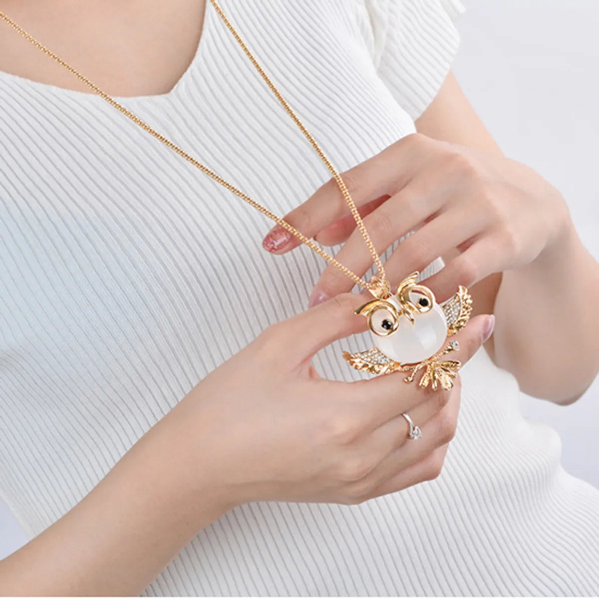 Ig Style Cute Owl Alloy Copper Inlay Opal Zircon Women's Sweater Chain