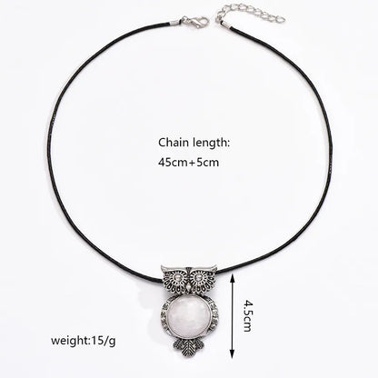 IG Style Cute Owl Alloy Leather Rope Plating Inlay Natural Stone Rhinestones Women'S Pendant Necklace