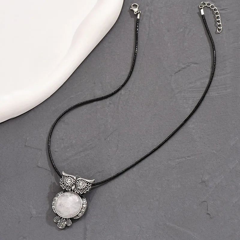 IG Style Cute Owl Alloy Leather Rope Plating Inlay Natural Stone Rhinestones Women'S Pendant Necklace