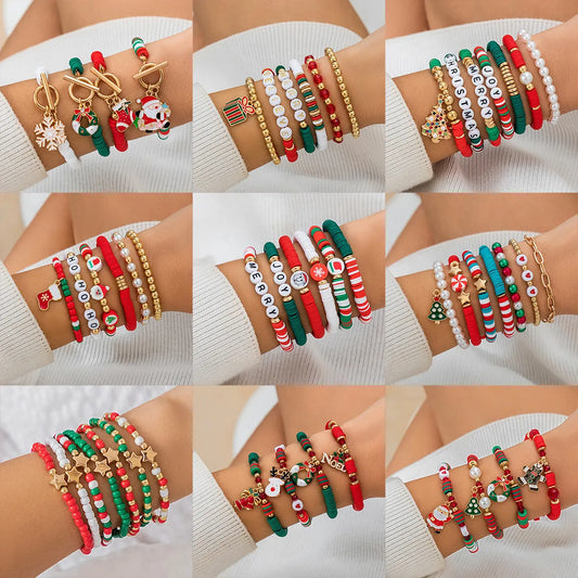 IG Style Cute Santa Claus Bell Snowman Rhinestones Pearl Arylic Alloy Soft Clay Wholesale Bracelets