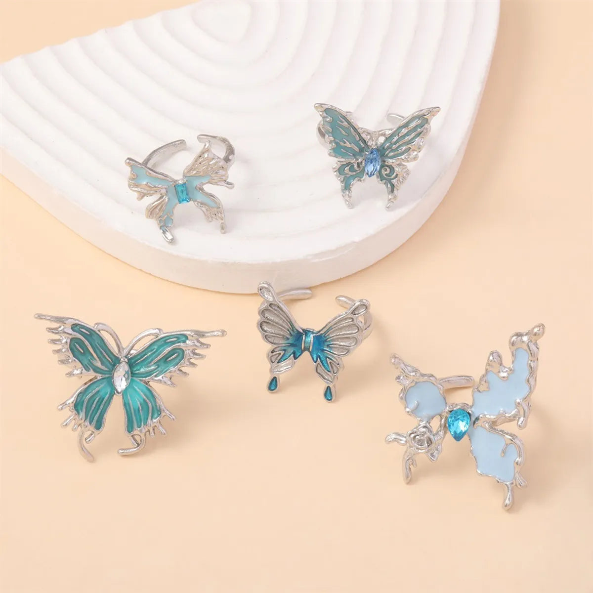 IG Style Cute Sweet Butterfly Alloy Enamel Inlay Artificial Rhinestones Silver Plated Women'S Open Rings