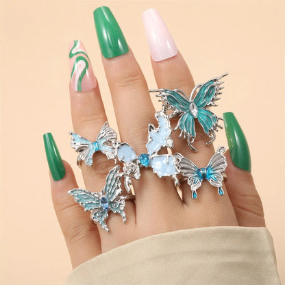 IG Style Cute Sweet Butterfly Alloy Enamel Inlay Artificial Rhinestones Silver Plated Women'S Open Rings