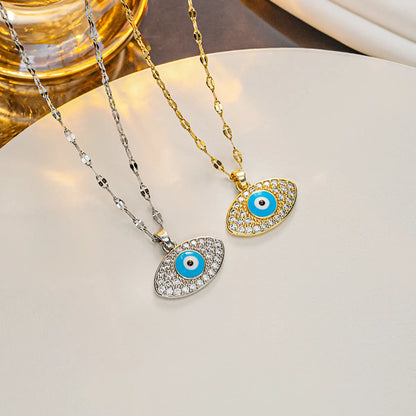 Ig Style Devil'S Eye Titanium Steel Enamel Plating Inlay Artificial Diamond Pendant Necklace