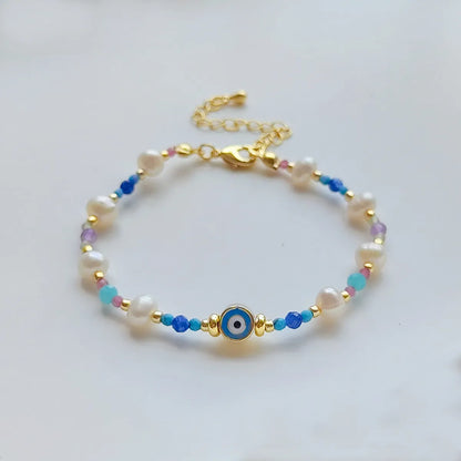 Ig Style Devil's Eye Turquoise Freshwater Pearl Seed Bead Beaded Knitting Plating 18k Gold Plated Women's Bracelets