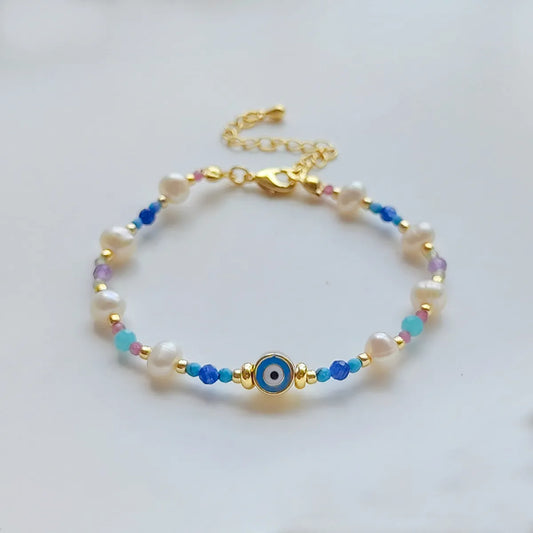 Ig Style Devil's Eye Turquoise Freshwater Pearl Seed Bead Beaded Knitting Plating 18k Gold Plated Women's Bracelets