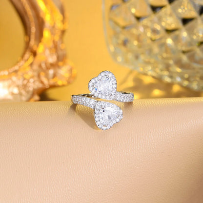 Ig Style Elegant Asymmetrical Heart Shape Copper Plating Inlay Artificial Gemstones 14k Gold Plated White Gold Plated Rhodium Plated Open Rings