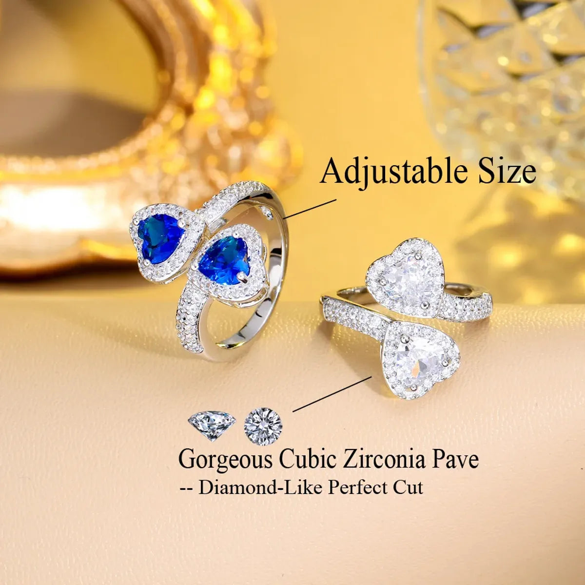 Ig Style Elegant Asymmetrical Heart Shape Copper Plating Inlay Artificial Gemstones 14k Gold Plated White Gold Plated Rhodium Plated Open Rings