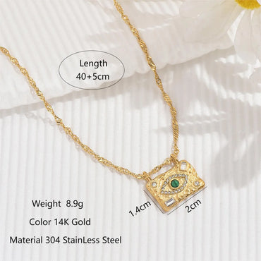 Ig Style Elegant Eye Stainless Steel Plating Turquoise Zircon 14k Gold Plated Pendant Necklace