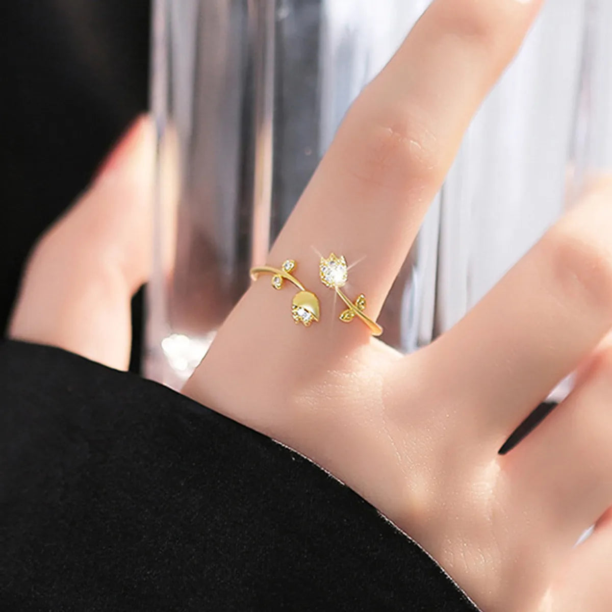 IG Style Elegant Flower Zircon Alloy Wholesale Open Ring