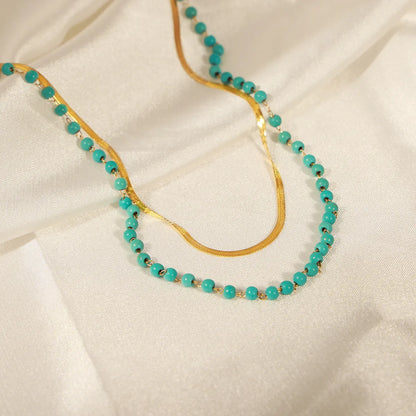 Ig Style Elegant Geometric Turquoise Titanium Steel Beaded Plating 18k Gold Plated Double Layer Necklaces