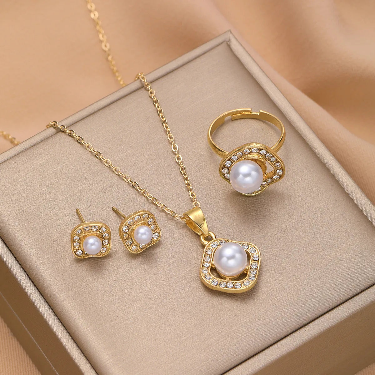 IG Style Elegant Lady Geometric Alloy Inlay Artificial Pearls Rhinestones Women'S Rings Earrings Necklace