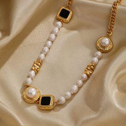 Ig Style Elegant Round Square Copper Beaded Plating Freshwater Pearl Zircon 18k Gold Plated Necklace