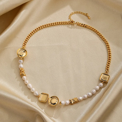 Ig Style Elegant Round Square Copper Beaded Plating Freshwater Pearl Zircon 18k Gold Plated Necklace