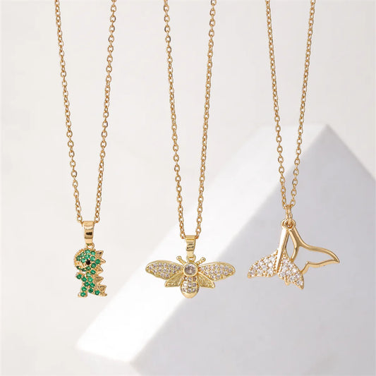 Ig Style Elegant Simple Style Dinosaur Bee Fish Tail Stainless Steel Titanium Steel Plating Inlay Zircon Gold Plated Necklace