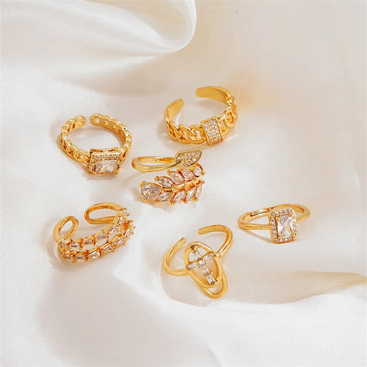 Ig Style Elegant Simple Style Geometric Leaves Copper Gold Plated Zircon Open Rings In Bulk