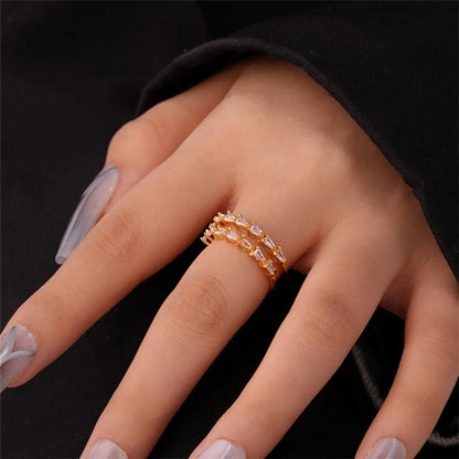 Ig Style Elegant Simple Style Geometric Leaves Copper Gold Plated Zircon Open Rings In Bulk