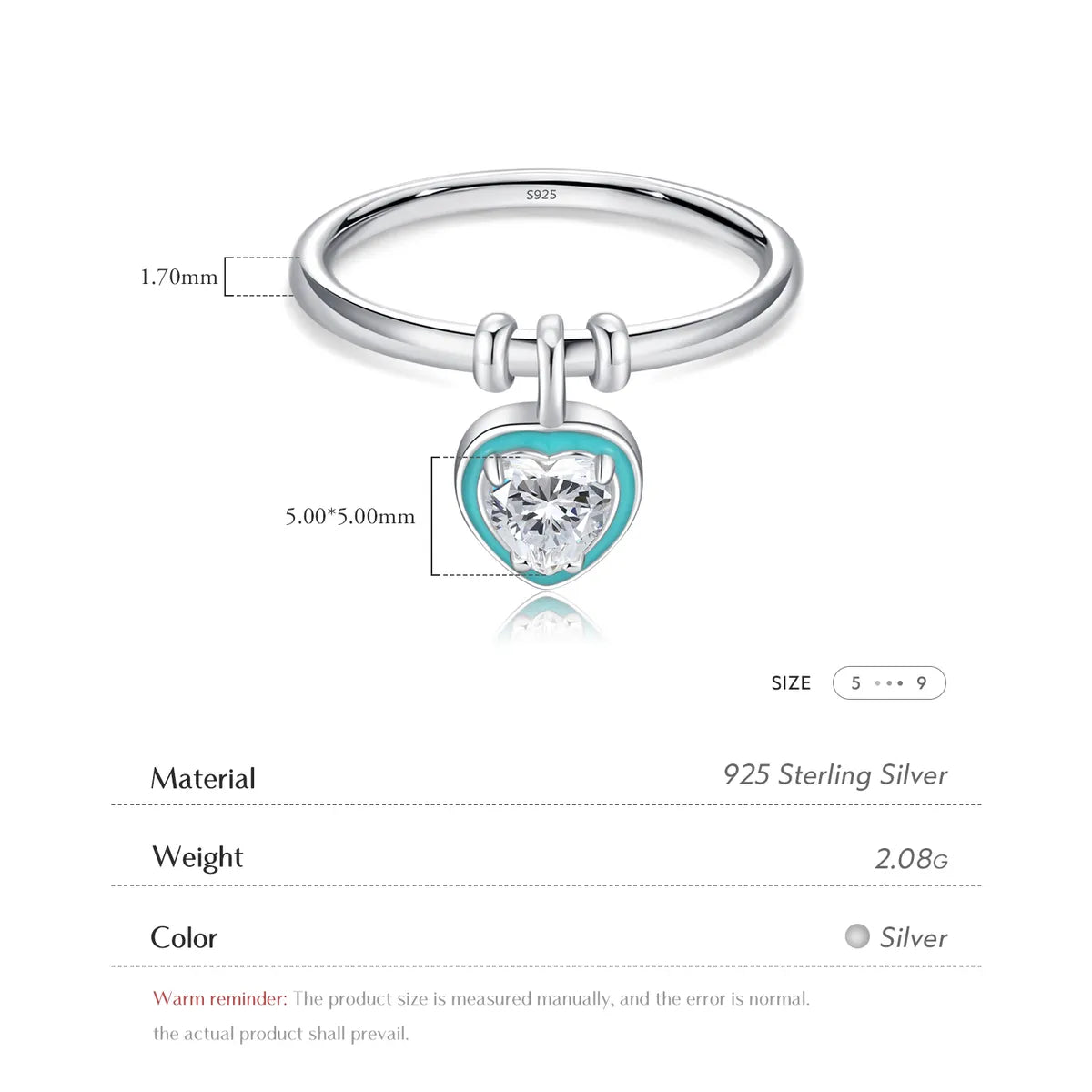 Ig Style Elegant Sweet Heart Shape Sterling Silver Epoxy Plating Inlay Zircon Rhodium Plated Charm Rings