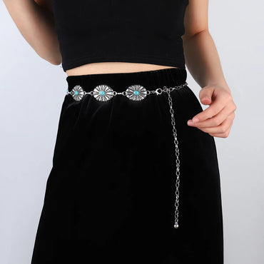 IG Style Ethnic Style Bohemian Round Oval Zinc Alloy Inlay Turquoise Silver Plated Women's Waist Chain